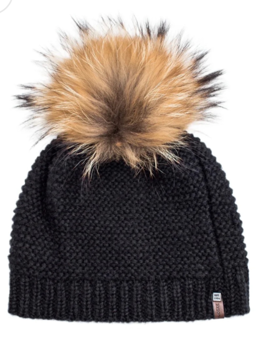 RUDSAK Black Knit Pom Beanie with Tan Fur Pom
